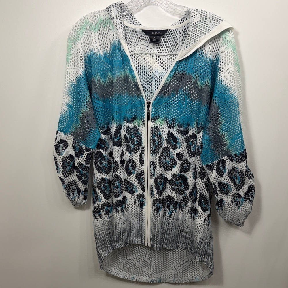 Ali Miles Net Mesh hooded zip up jacket leopard print size small.